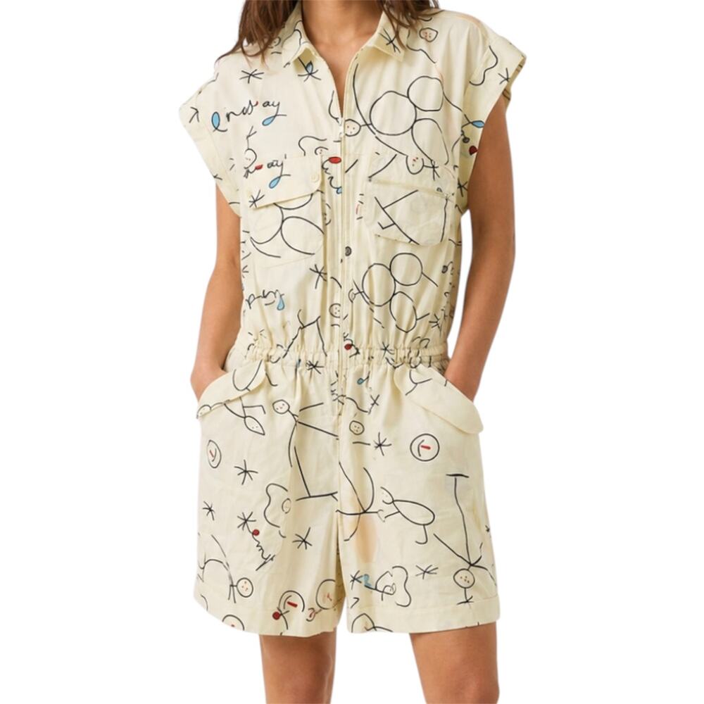 VTG Here's A Hug Printed Shirt Romper Zip Up Drop Sleeve 100% Cotton Yellow L